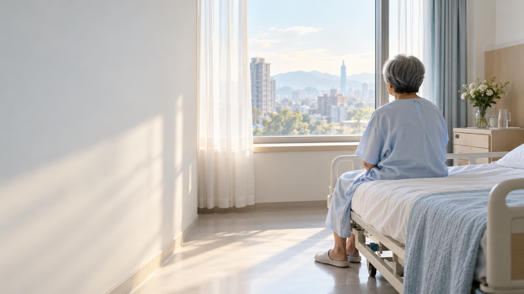 Patient sitting calmly by a sunlit hospital window during recovery